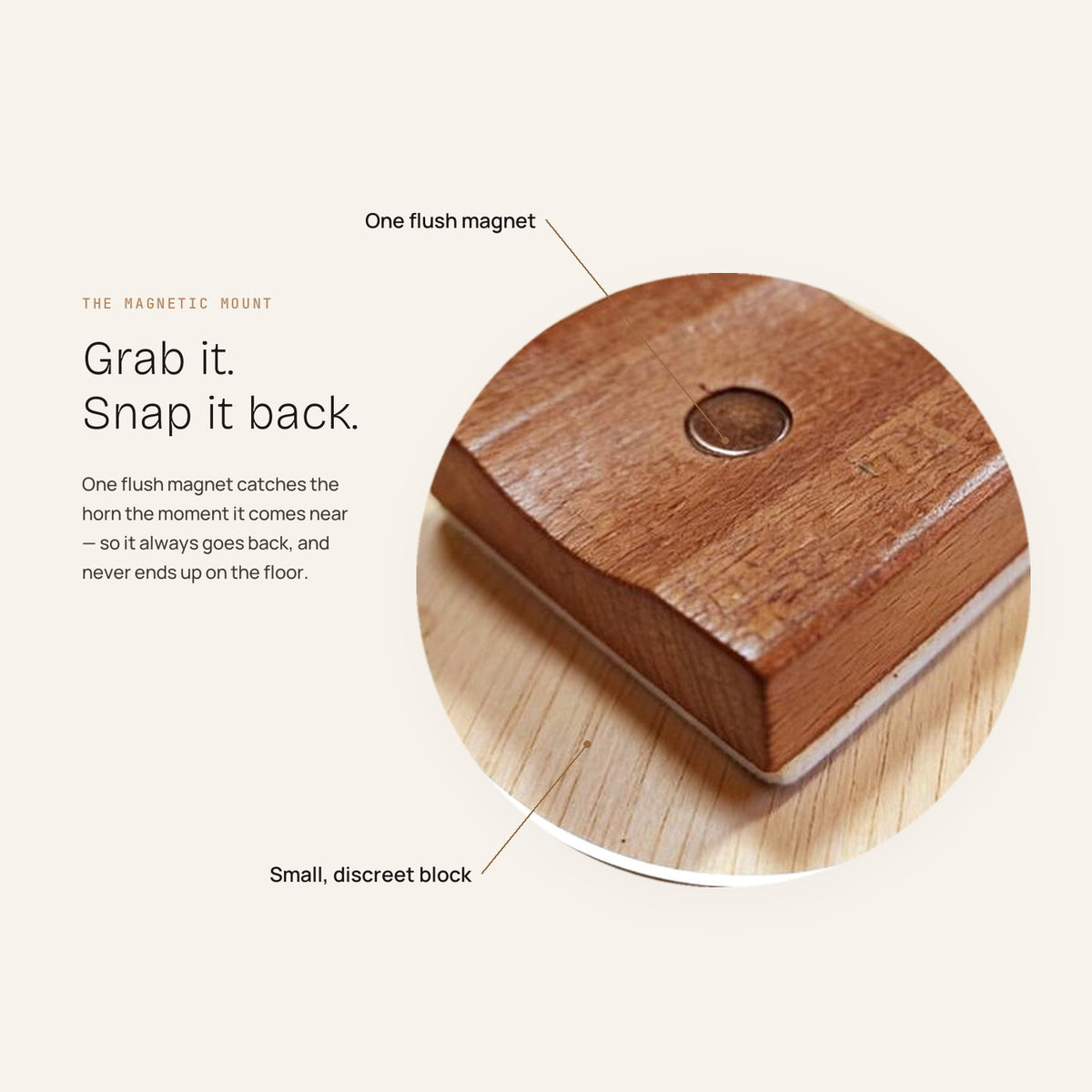 The small wooden magnetic mount keeps the shoehorn within reach