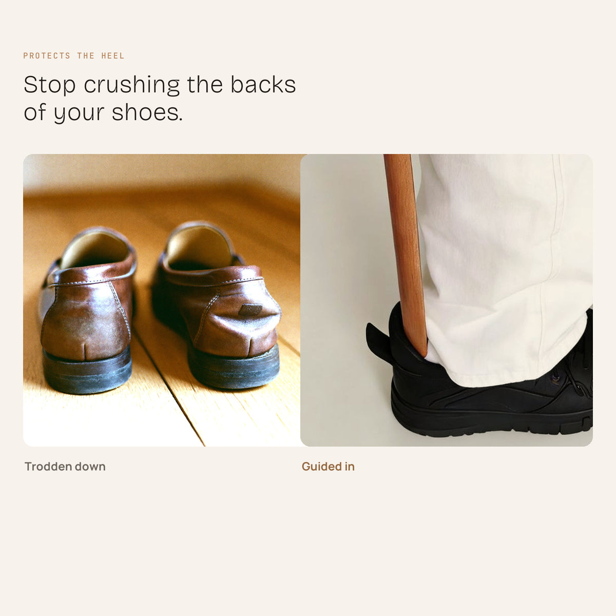 Comparison: a crushed, trodden-down shoe heel versus a heel guided in with the shoehorn
