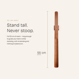55 cm / 21.7 in of reach — long enough to put your shoes on standing up, without bending